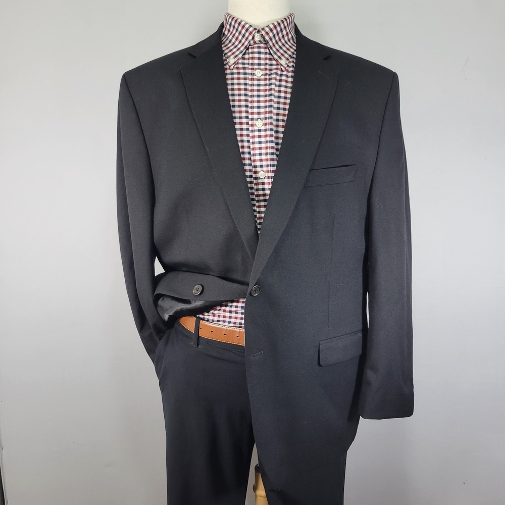 Chaps Men's Sport Coat Blazer Two Button Solid Black Twill Wool Size 48R‎